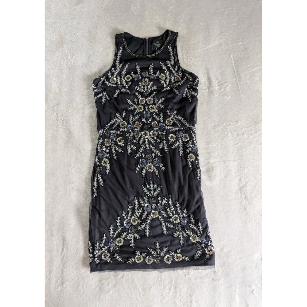 Adrianna Papell Gray Beaded Sleeveless Mini Dress Women's Sz 4 HOCO Glam‎ Event